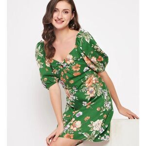 Floral Green Puff Sleeve Dress GREEN FLORAL RAYON LINEN MINI DR